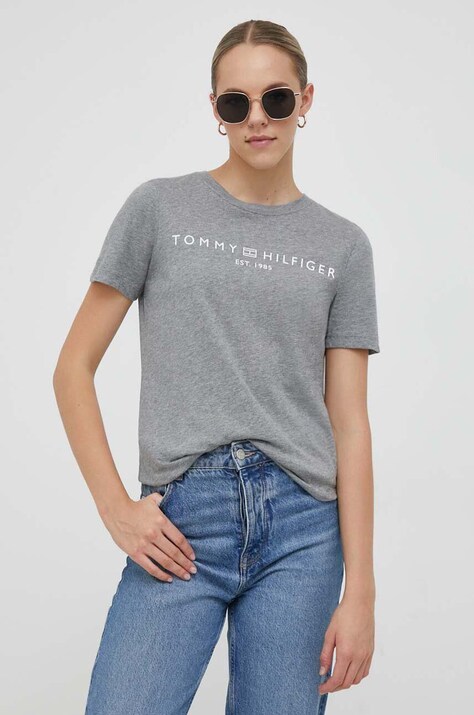 Tommy Hilfiger tricou din bumbac femei, culoarea gri, WW0WW40276