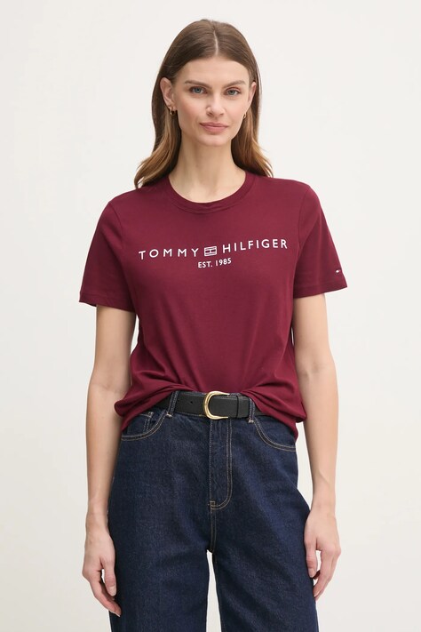Хлопковая футболка Tommy Hilfiger женская цвет бордовый WW0WW40276