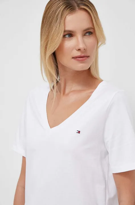 Bombažna kratka majica Tommy Hilfiger ženski, bela barva