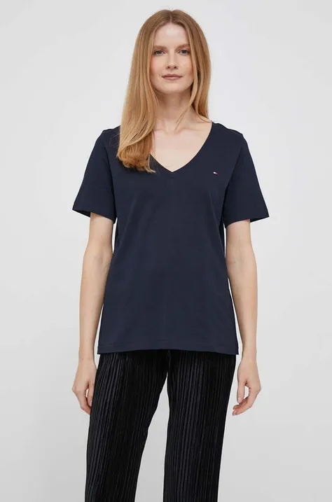 Bavlnené tričko Tommy Hilfiger dámsky, tmavomodrá farba