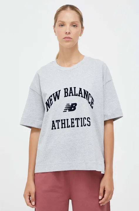 Bombažna kratka majica New Balance siva barva