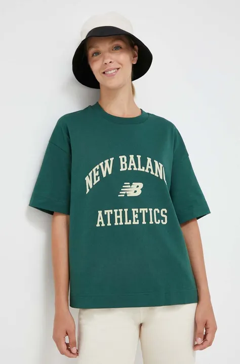 Bombažna kratka majica New Balance zelena barva