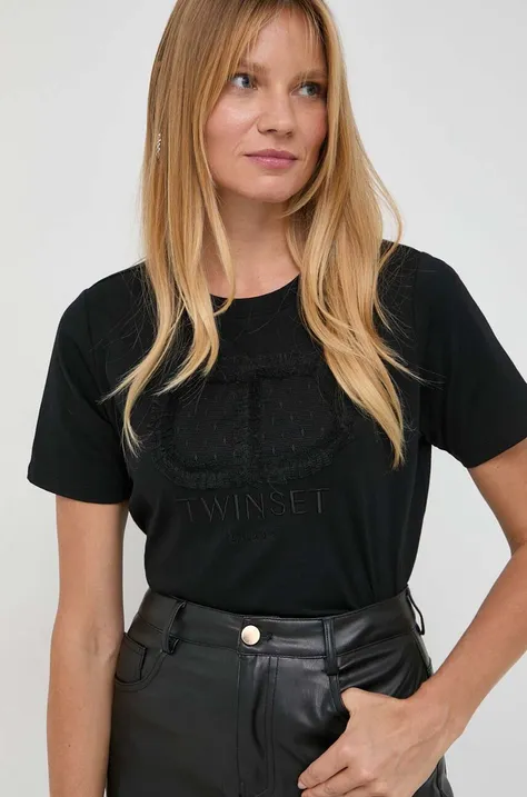 Βαμβακερό μπλουζάκι Twinset γυναικεία, χρώμα: μαύρο
