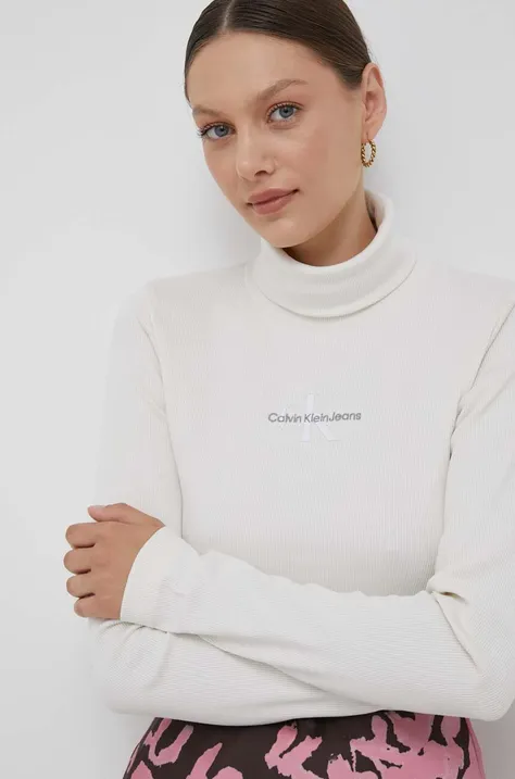 Majica z dolgimi rokavi Calvin Klein Jeans ženski, bež barva