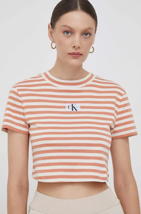 Bombažna kratka majica Calvin Klein Jeans bež barva