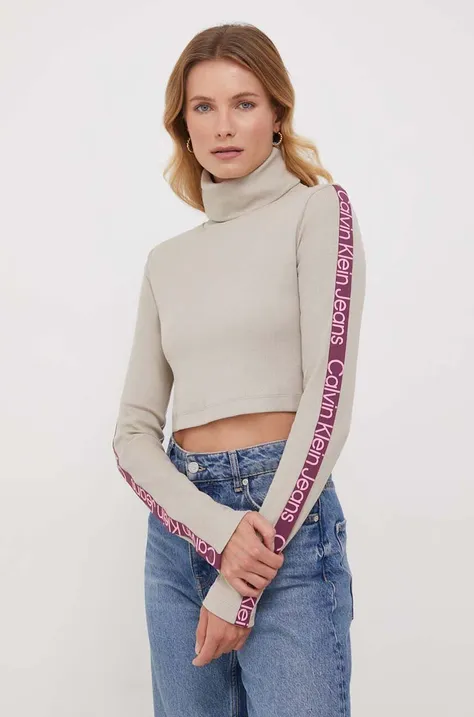 Majica z dolgimi rokavi Calvin Klein Jeans ženski, bež barva