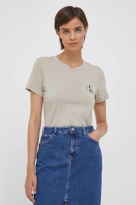 Βαμβακερό μπλουζάκι Calvin Klein Jeans 2-pack γυναικεία, χρώμα: μπεζ