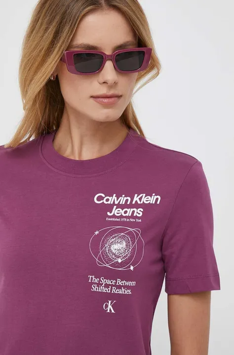 Bombažna kratka majica Calvin Klein Jeans vijolična barva
