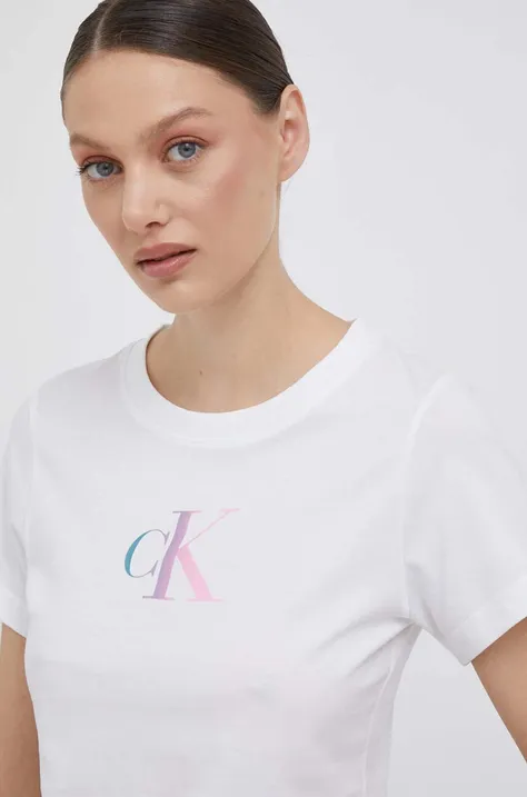 Bombažna kratka majica Calvin Klein Jeans bela barva