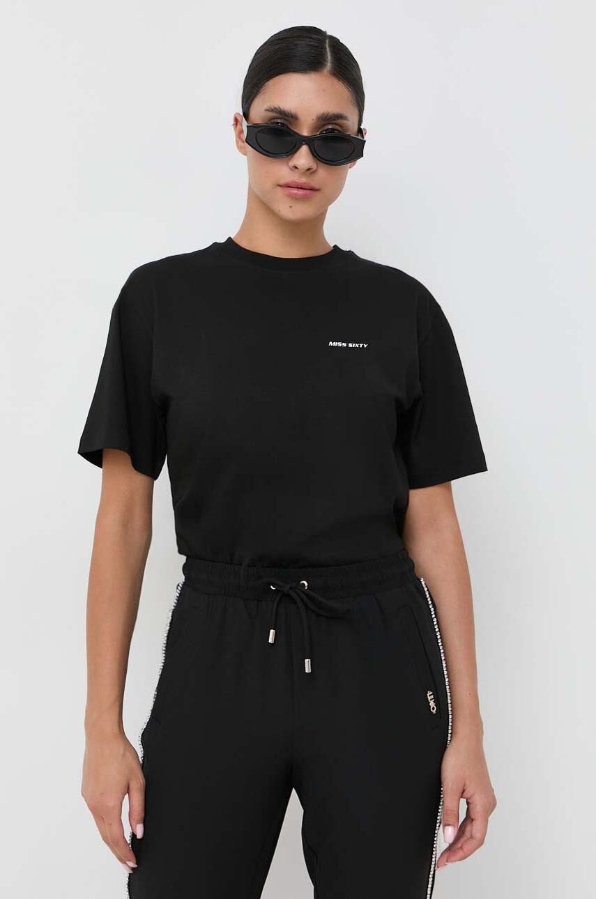 Miss Sixty t-shirt z domieszką jedwabiu kolor czarny