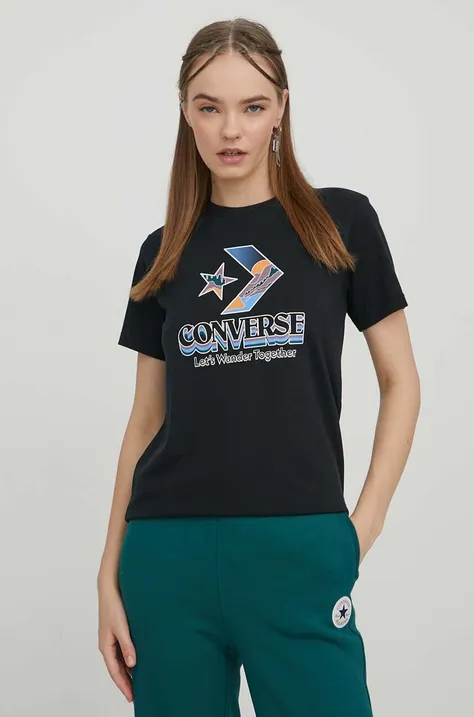 Βαμβακερό μπλουζάκι Converse γυναικεία, χρώμα: μαύρο