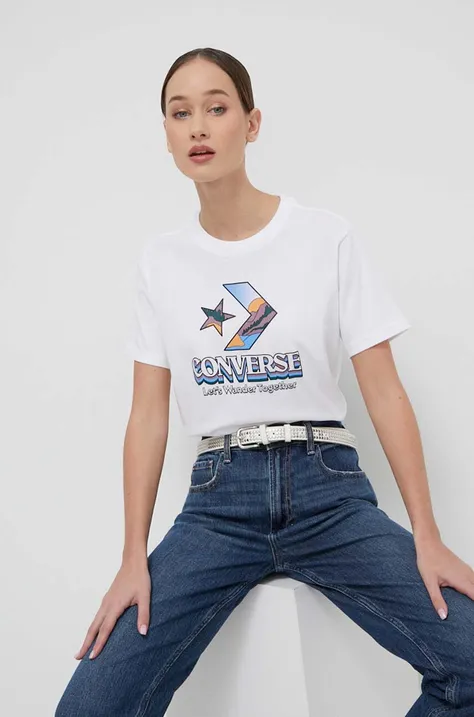Bombažna kratka majica Converse ženski, bež barva
