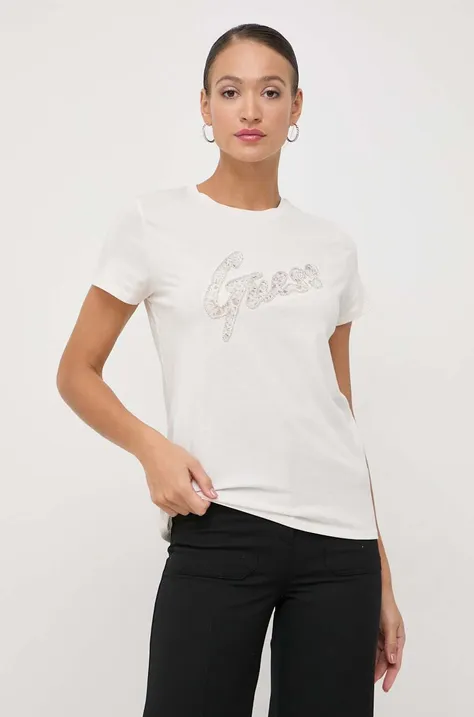 Βαμβακερό μπλουζάκι Guess γυναικεία, χρώμα: μπεζ