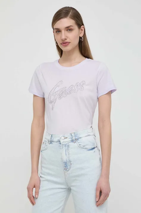 Βαμβακερό μπλουζάκι Guess γυναικεία, χρώμα: μοβ