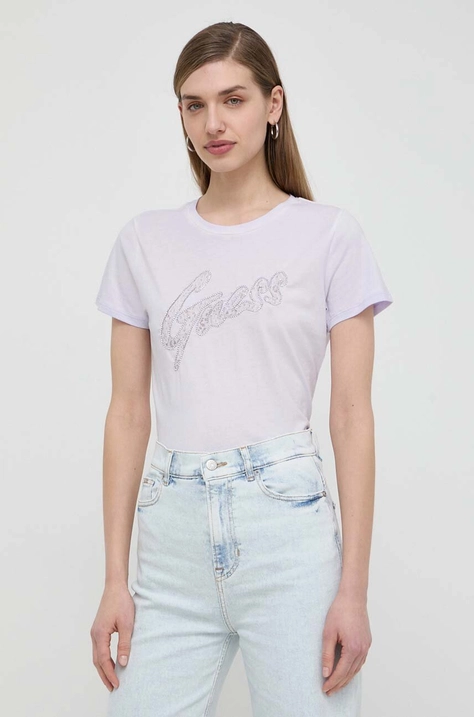 Guess t-shirt bawełniany damski kolor fioletowy W4RI25 K9RM1