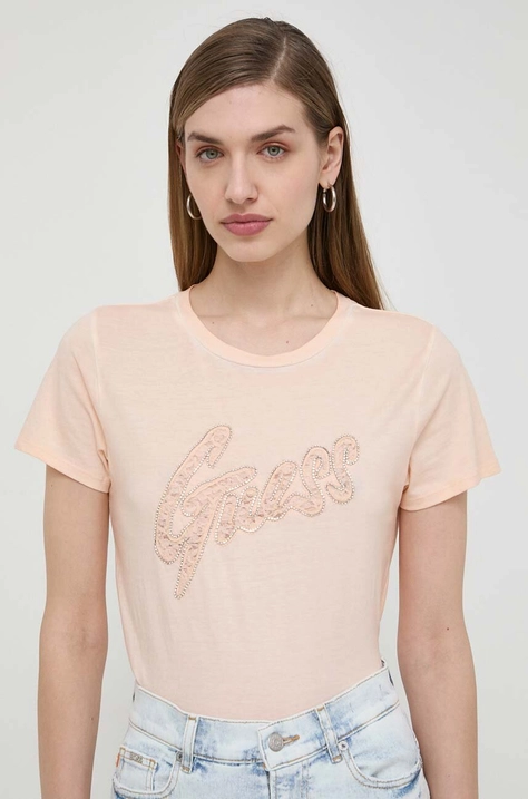 Guess t-shirt bawełniany damski kolor pomarańczowy W4RI25 K9RM1