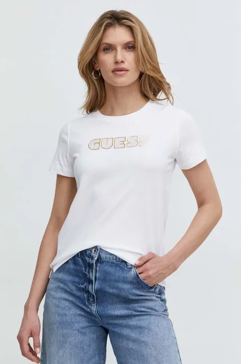 Βαμβακερό μπλουζάκι Guess γυναικεία, χρώμα: άσπρο