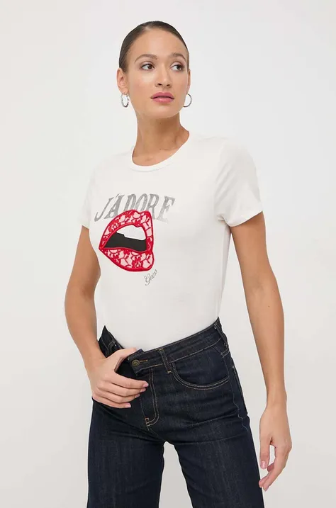 Βαμβακερό μπλουζάκι Guess γυναικεία, χρώμα: μπεζ