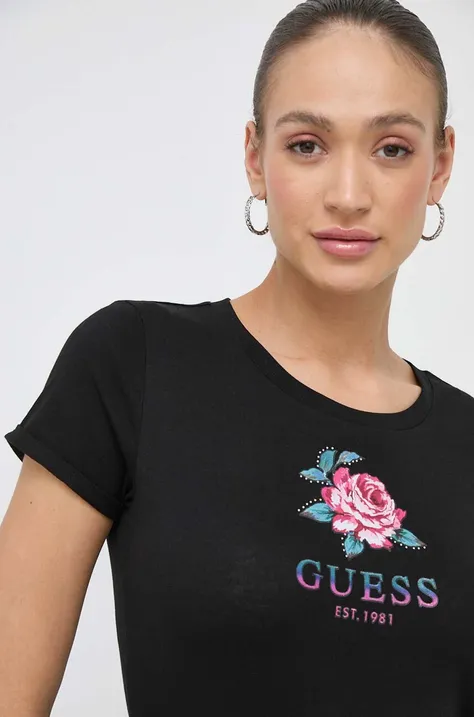 Bombažna kratka majica Guess ženski, črna barva