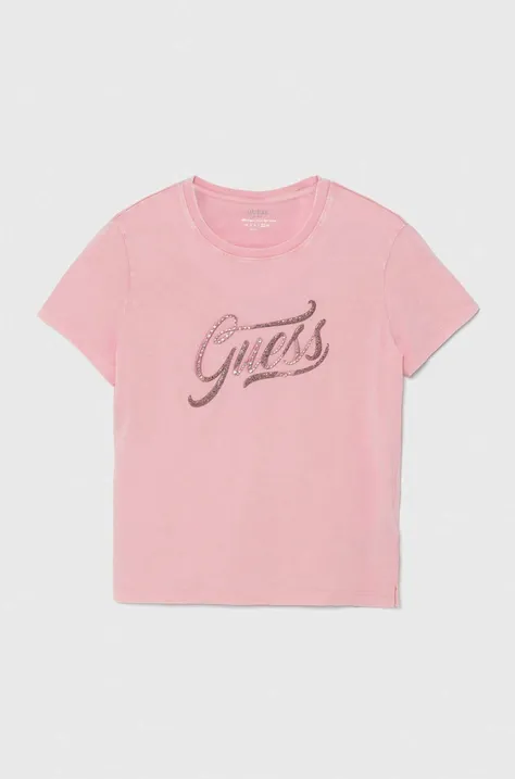 Bombažna kratka majica Guess ženski, roza barva
