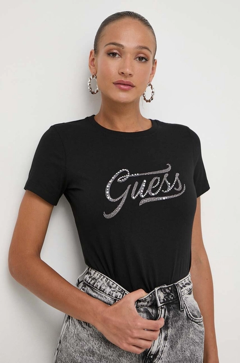 Guess tricou din bumbac femei, culoarea negru