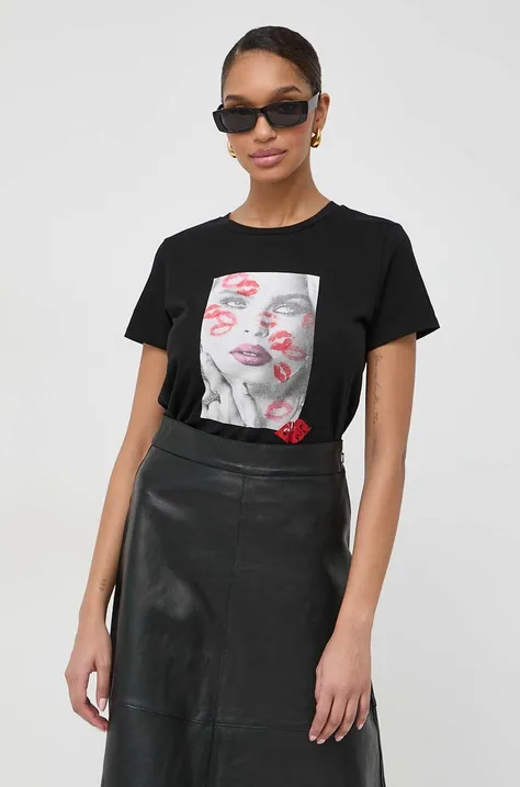 Βαμβακερό μπλουζάκι Guess γυναικεία, χρώμα: μαύρο