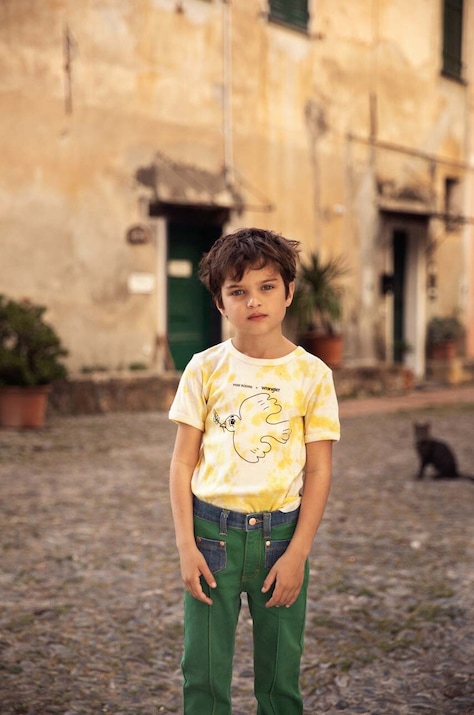 Mini Rodini tricou de bumbac pentru copii Mini Rodini x Wrangler culoarea galben, modelator
