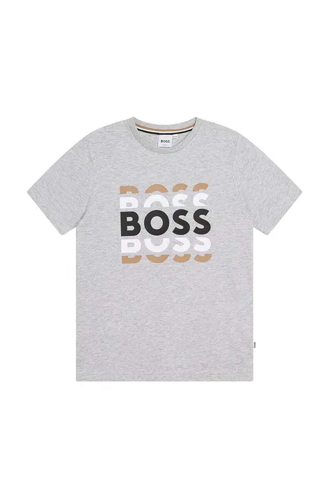Детская хлопковая футболка BOSS цвет серый с принтом