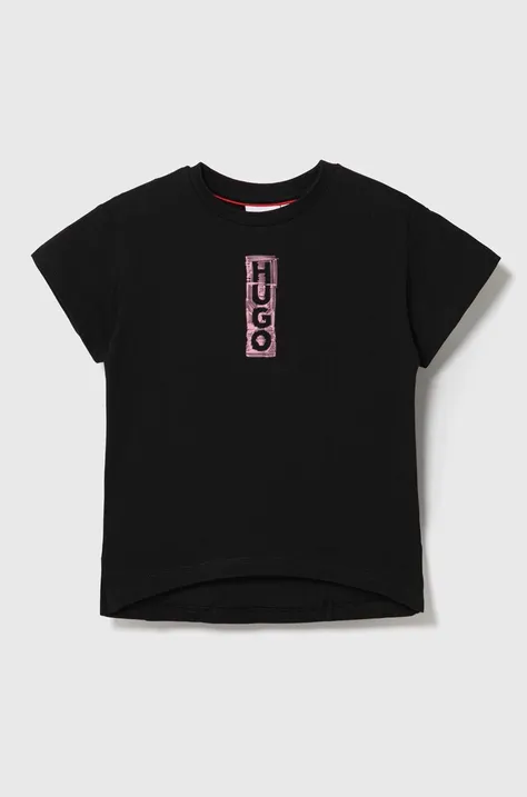 Дитяча бавовняна футболка HUGO колір чорний з принтом