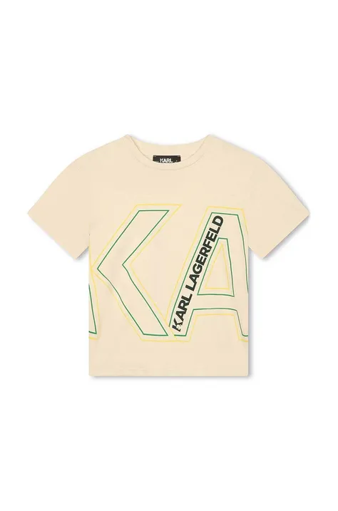 Детска памучна тениска Karl Lagerfeld в бежово с принт
