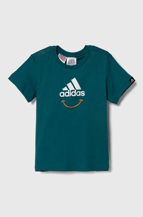 adidas t-shirt bawełniany dziecięcy kolor zielony z nadrukiem