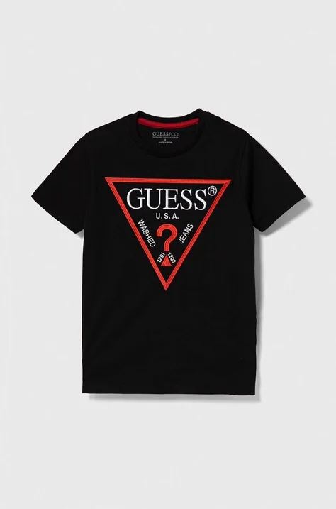 Guess t-shirt bawełniany dziecięcy kolor czarny z aplikacją