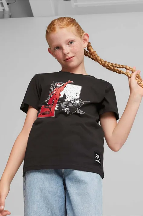 Puma t-shirt bawełniany dziecięcy x Miraculous kolor czarny z nadrukiem