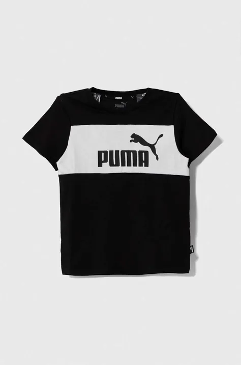 Дитяча бавовняна футболка Puma ESS Block Tee B-XX колір чорний з принтом