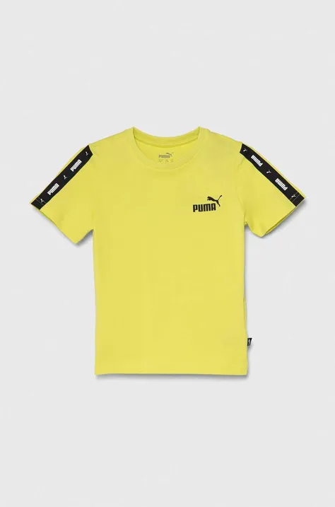 Дитяча бавовняна футболка Puma Ess Tape Tee B колір жовтий з принтом