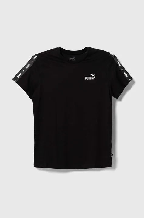 Дитяча бавовняна футболка Puma Ess Tape Tee B колір чорний з принтом