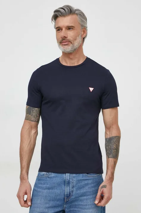 Pamučna majica Guess za muškarce, boja: tamno plava, bez uzorka