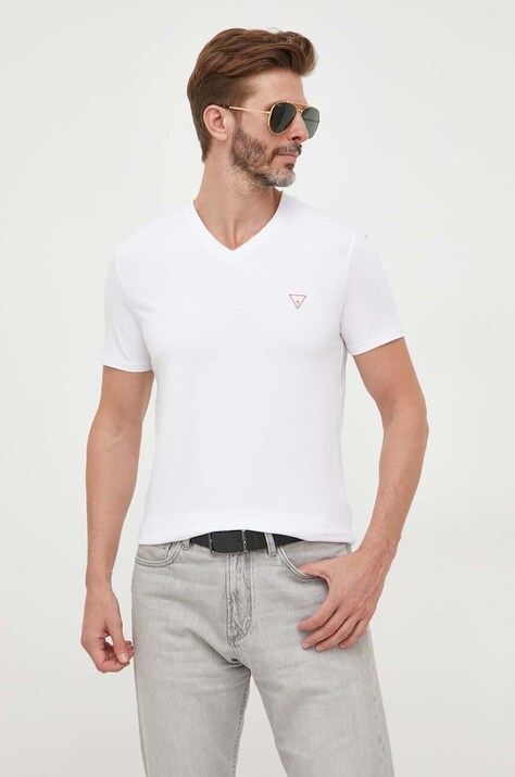 Guess tricou barbati, culoarea alb, neted