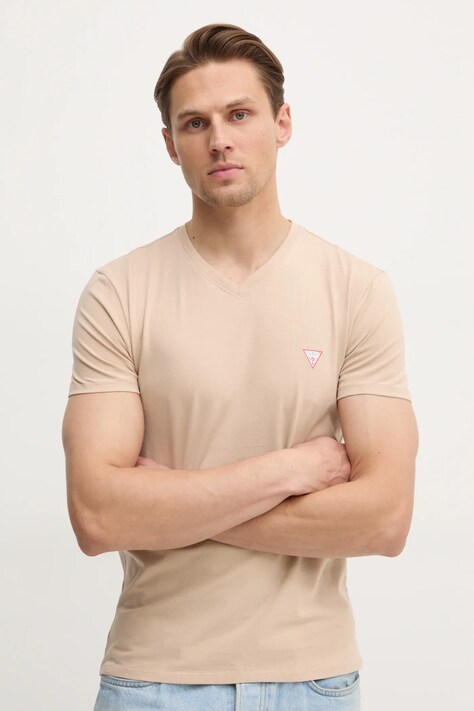 Guess tricou barbati, culoarea bej, neted