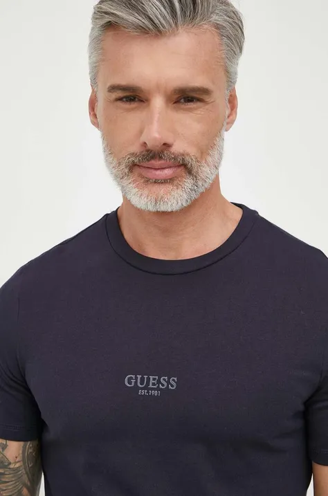 Guess tricou din bumbac culoarea albastru marin, cu imprimeu