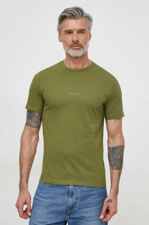 Bombažna kratka majica Guess zelena barva