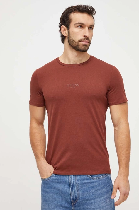 Guess tricou din bumbac culoarea maro, cu imprimeu