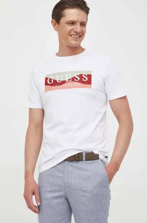 Bavlnené tričko Guess biela farba, vzorované