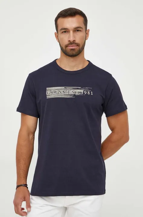 Βαμβακερό μπλουζάκι Guess χρώμα: ναυτικό μπλε
