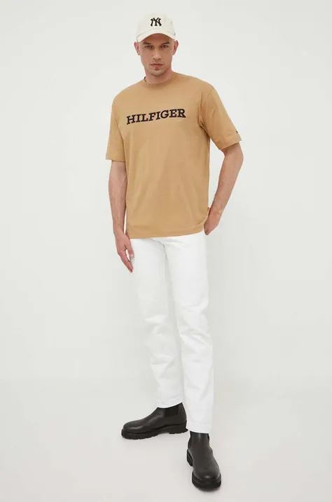 Bombažna kratka majica Tommy Hilfiger bež barva