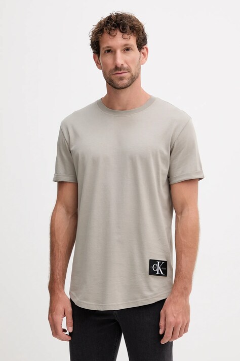 Bavlněné tričko Calvin Klein Jeans pánské, hnědá barva, s aplikací, J30J323482