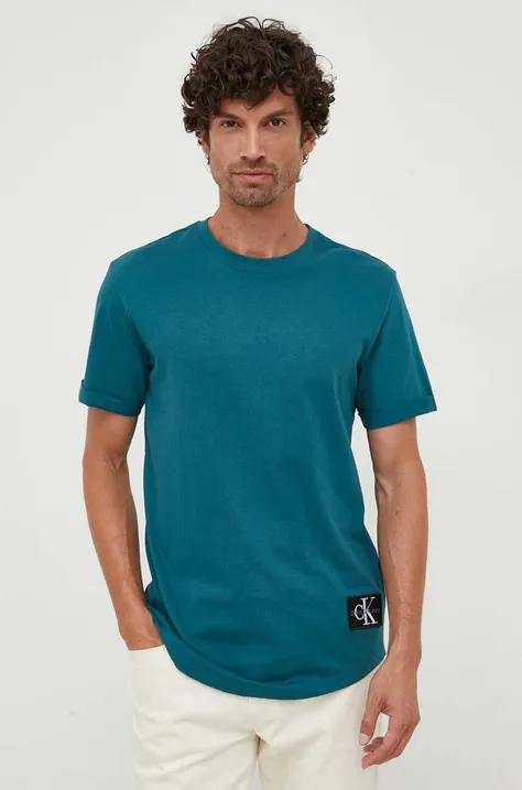 Bavlnené tričko Calvin Klein Jeans zelená farba, s nášivkou
