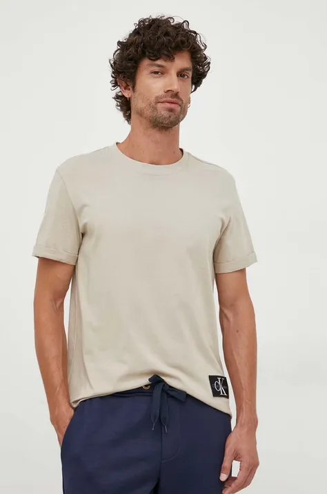 Calvin Klein Jeans t-shirt bawełniany kolor beżowy z aplikacją