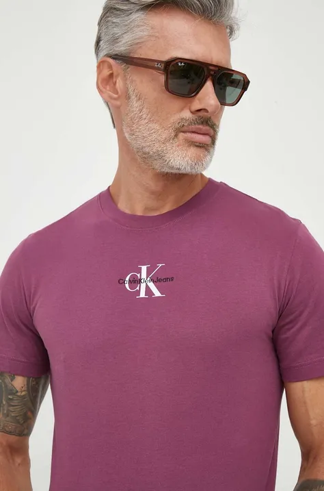 Bavlnené tričko Calvin Klein Jeans fialová farba, s potlačou