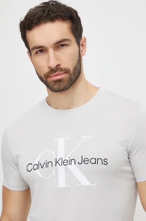 Bavlnené tričko Calvin Klein Jeans pánsky, šedá farba, s potlačou